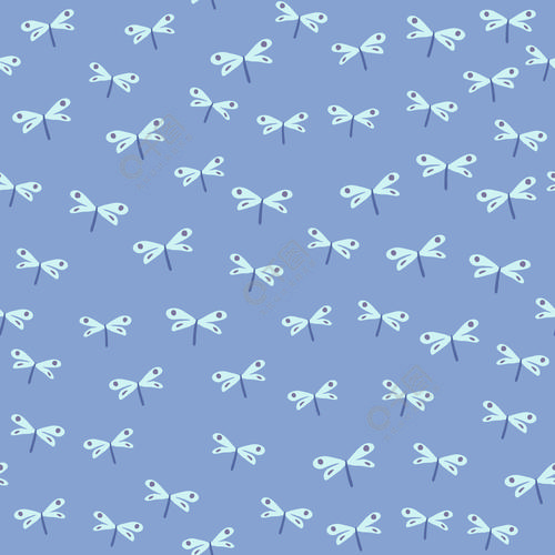蓝色背景上的随机蜻蜓无缝图案可爱的蜻蜓壁纸织物设计纺织品印花包装